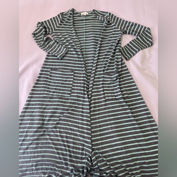 LuLaRoe Long Open‎ Duster Cardigan Sweater Women's Sz S Teal Green Gray Striped - Picture 4 of 9